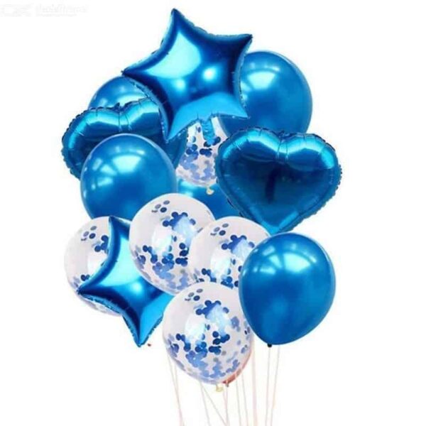 развлекателни балони за парти, сини и бели с конфети, балони за рожден ден, празнична украса, балони за събития, специални събирания, Party Deluxe, балонена декорация за партита, въздушни украси, тематична парти украса.
