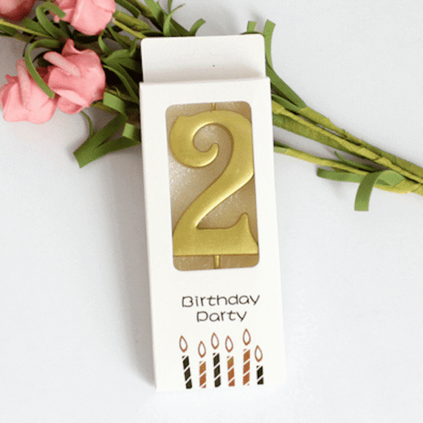 Златна свещ с номер 2 за рожден ден, в кутия, подходяща за празненства, аксесоар за парти, украса за рожден ден, Party Deluxe.