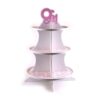 Модел на рожденденска поставка за торта с три нива, подходяща за празнични събития и рождени дни, украсена с розови акценти.