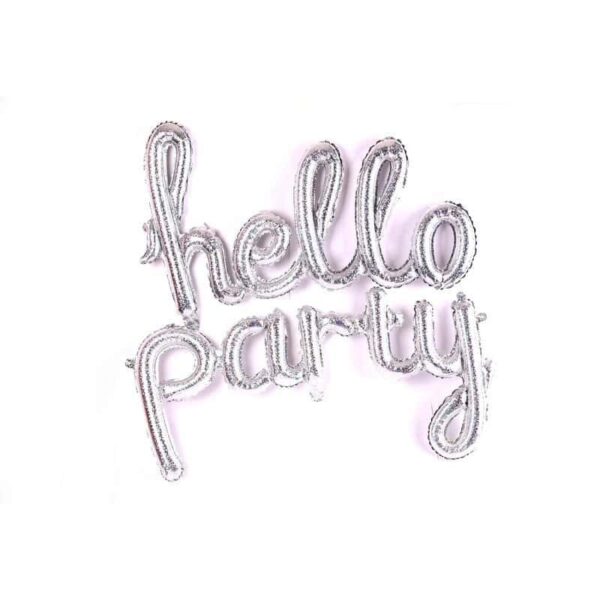 Hello party надпис с балони, подходящ за празненства и събития.