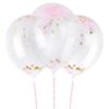 Заложени прозрачни балони с розови и златисти конфети за празнична украса, идеални за рожден ден или специален повод.