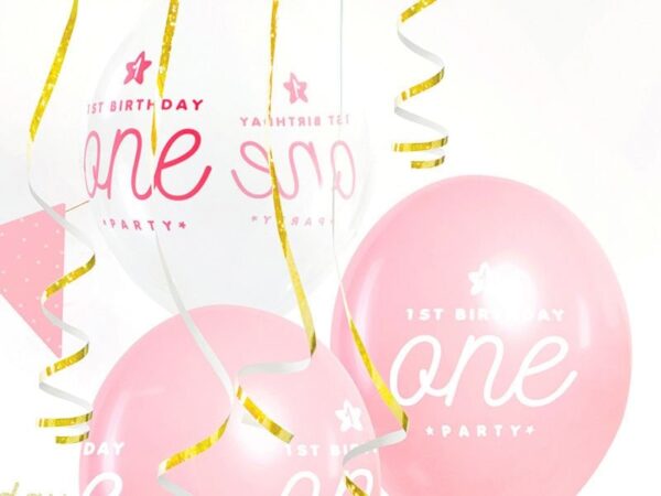 Balloons с надпис "1st BIRTHDAY ONE PARTY", празнична украса за първи рожден ден, розови и бели балони, със златни и сребърни декоративни ленти, весела атмосфера за детски тържества.