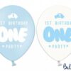 Празнични балони за първи рожден ден, с надпис "1st Birthday One Party", в светлосиньо и бяло, подходящи за детски тържества и рождени дни, налични в Party Deluxe.
