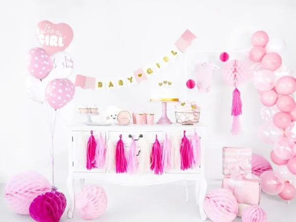 Pink baby shower decorations, balloons, and party supplies for girls, celebrating with balloons, banners, and themed decor for a baby girl event. Perfect for creating a festive, joyful atmosphere.