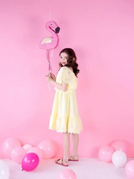 Pink надуваем балон с фламинго, детска рокля, весел празничен декор, Party Deluxe, детско парти, възрастен и дете, цветни балони, празнична атмосфера, рожден ден, украса за детско парти.