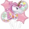 Яздене на еднорог балон с розови звездни топки, идеален за детски партита и тържества, с празничен дизайн и магична атмосфера.