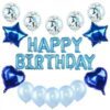 Гледайки към това изображение, това е празнична украса за рожден ден със сини балони и надпис "Happy Birthday". Идеално за тематична празнична декорация и създаване на празнична атмосфера на партита.