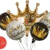 Златна корона и балон за рожден ден с надпис "Честит рожден ден" за празнична украса и партита, предлагани от Party Deluxe.
