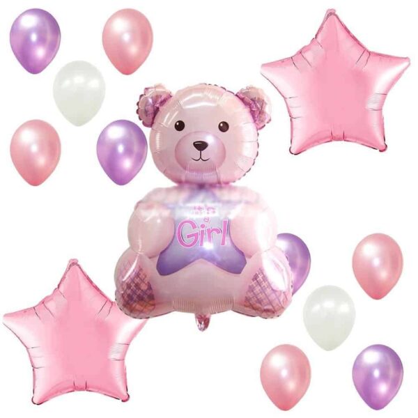 Развлекателен балон с форма на мечо и буква Girl, за рожден ден или тематична парти украса, в розови, лилави и бели цветове, с балони и звезди за детска празнична атмосфера.