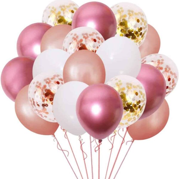 Рози, бели и прозрачни балони с конфети за празнична украса. Цветните балони са идеални за рождени дни, сватби и специални събития. Отличен избор за украса на всяко парти.