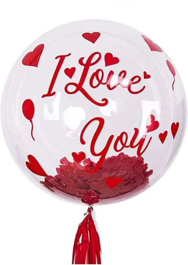 Летящ балон с послание Love You, сърца и балони, подходящ за романтични поводи и специални събития, от Party Deluxe.