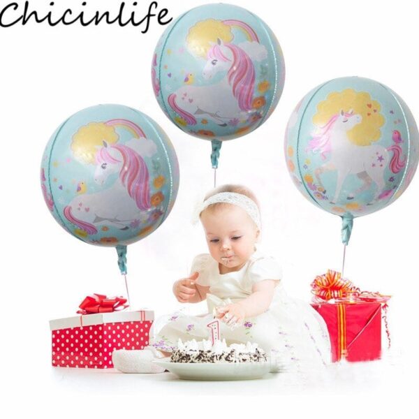 Multi-colored unicorn balloons for children's birthday party decor.