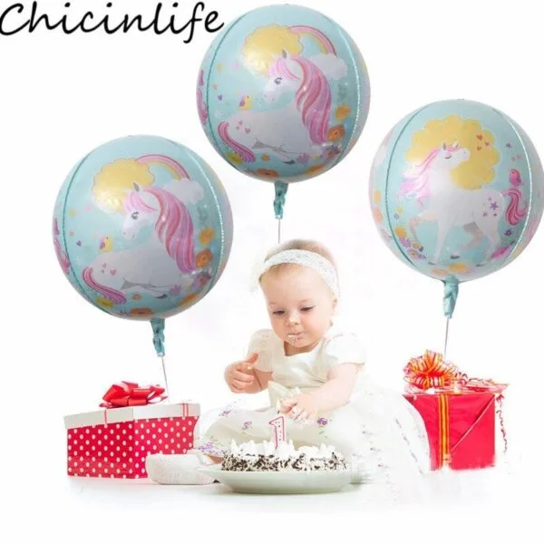 Multi-colored unicorn balloons for children's birthday party decor.