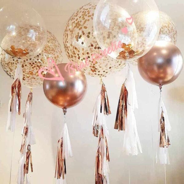 златисти и прозрачни балони с конфети и пухкави декорации, идеални за парти и празненство, украса за рожден ден или сватба, Party Deluxe.