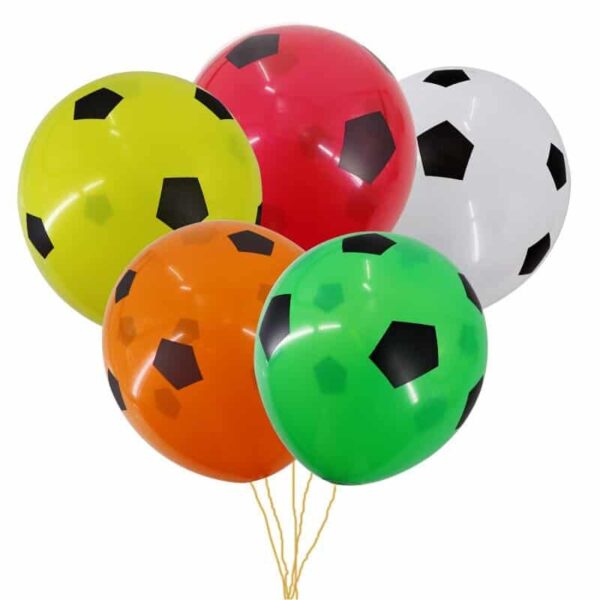 Colors of soccer-themed balloons in yellow, red, white, orange, and green with black pentagon patterns for sports-themed celebrations.