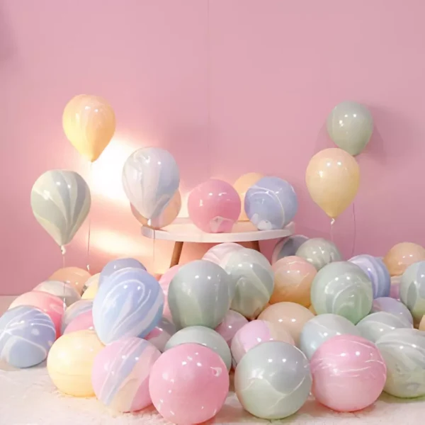 Colorful pastel balloons in pink, blue, green, and yellow, ideal for celebration decorations. Perfect for birthdays, parties, and festive events with vibrant and cheerful ambiance.