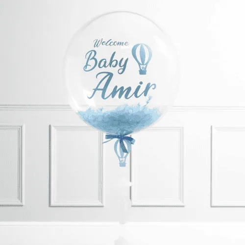 Балон с надпис "Welcome Baby Amir" за първи рожден ден, празненства и декорации за бебешки и тематични партита.