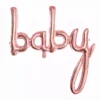 Розов металик балонова декорация с думата "baby", подходяща за бебешки партита и събития.
