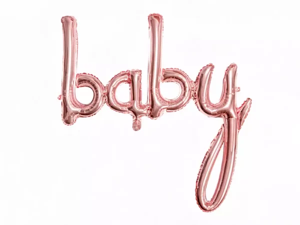 Розов металик балонова декорация с думата "baby", подходяща за бебешки партита и събития.