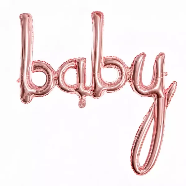 Розов металик балонова декорация с думата "baby", подходяща за бебешки партита и събития.
