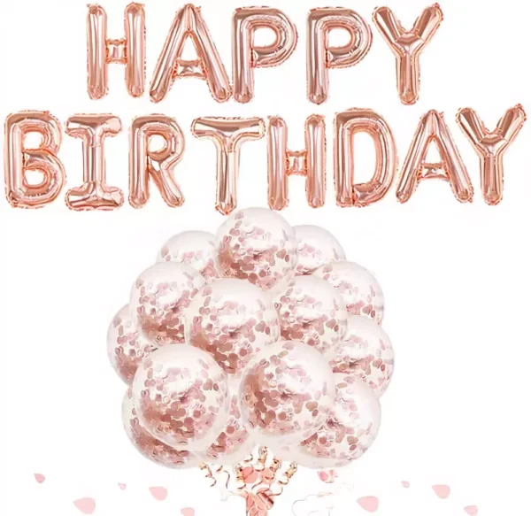 HAPPY BIRTHDAY розови балони и поздравителна надпис за парти, идеални за празнични събития и рождени дни, създавайки весела и празнична атмосфера.