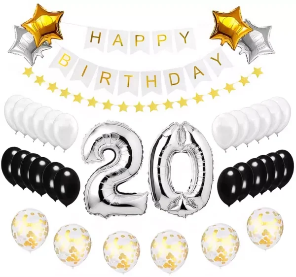 Хартиен банер за рожден ден с надпис "Happy Birthday" и балони за 20-годишнина, празнична украса за юбилейна партита и тържества.