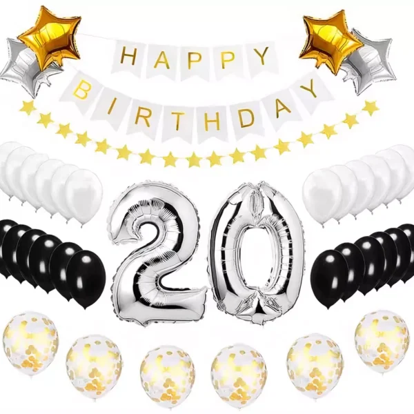 Хартиен банер за рожден ден с надпис "Happy Birthday" и балони за 20-годишнина, празнична украса за юбилейна партита и тържества.