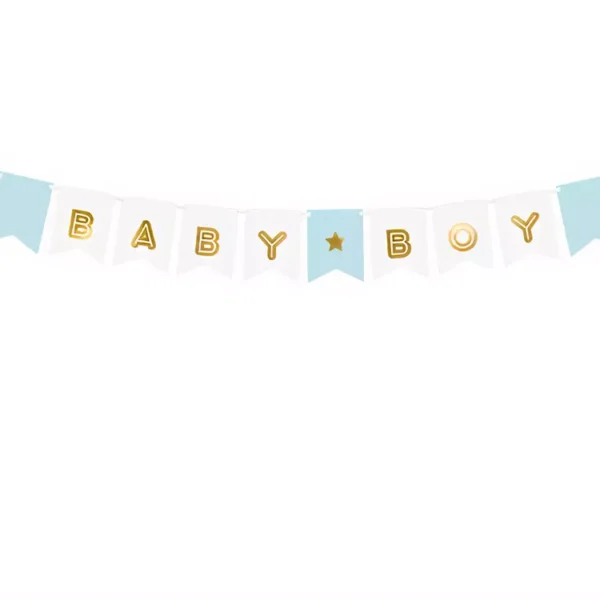 Рекламна гирлянда с надпис Baby Boy за бебешка тематична празнична декорация. Отличен избор за детски рождени дни, бебешки партита и специални събития. Прекрасна украса за всяко бебешко парти.