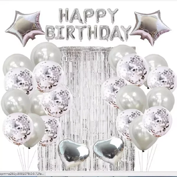 Balloonи за рожден ден, празнична декорация, PARTY DELUXE, бели и сребърни балони, тематична украса за парти.