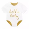 Бебешки ританки с надпис "hello baby" в бяло и златисто, подходящи за новородени и бебешки подаръци, част от колекцията за бебешки празници и рождени дни.