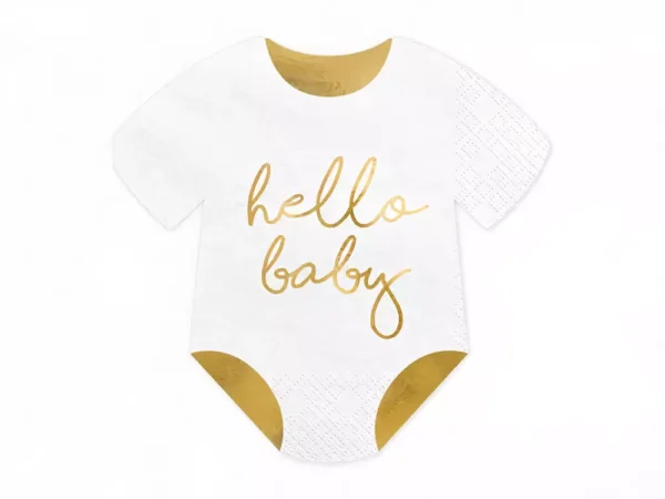 Бебешки ританки с надпис "hello baby" в бяло и златисто, подходящи за новородени и бебешки подаръци, част от колекцията за бебешки празници и рождени дни.