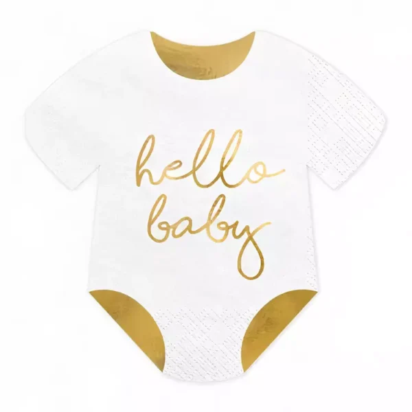 Бебешки ританки с надпис "hello baby" в бяло и златисто, подходящи за новородени и бебешки подаръци, част от колекцията за бебешки празници и рождени дни.