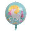 Ярък парти балон с еднорог, розови и жълти декорации, подходящ за детско парти, украса и забавление.