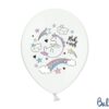 Цветна балон с щампа на заек, облаци, звездички и дъга, подходящ за детски празници и рождени дни.