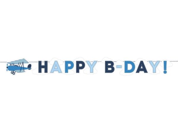 HAPPY B-DAY банер със самолет и синьо настроение за рожден ден, перфектен за тематични партита и украса.