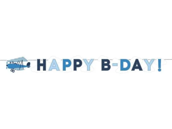 HAPPY B-DAY банер със самолет и синьо настроение за рожден ден, перфектен за тематични партита и украса.