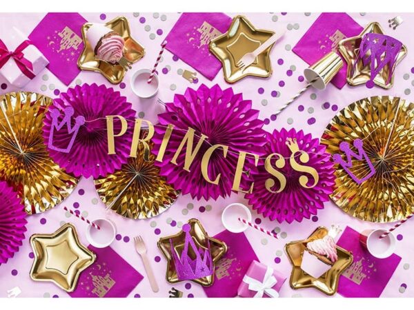 Надпис "Принцеса" украшение за торта, празнична декорация за рожден ден, тематична украса за момичета, парти украса с розови, златисти и лилави елементи.