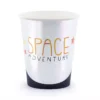 Красива хартиена чаша за партита с космична тема и надпис "SPACE ADVENTURE", подходяща за детски рождени дни и тематични събития.