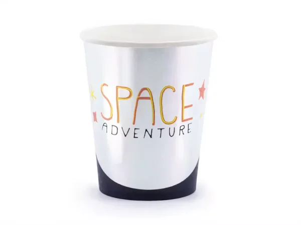 Красива хартиена чаша за партита с космична тема и надпис "SPACE ADVENTURE", подходяща за детски рождени дни и тематични събития.