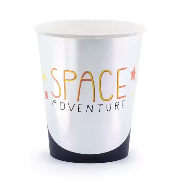 Красива хартиена чаша за партита с космична тема и надпис "SPACE ADVENTURE", подходяща за детски рождени дни и тематични събития.