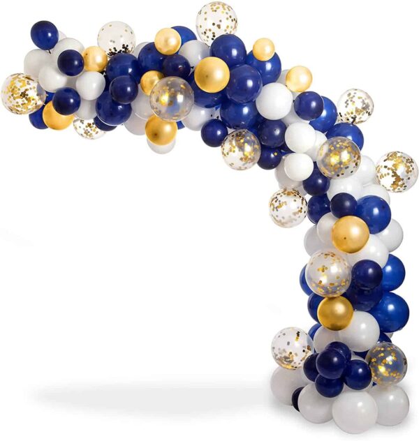 Коледни балони с златисти, бели и тъмносини цветове за украса на парти или събитие.