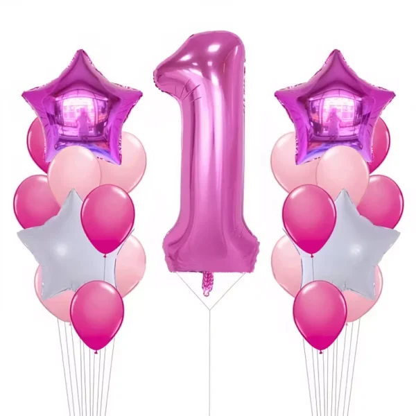 Елвahanga в Balloon ареа за първи рожден ден с розови и сребърни балони, звездни и бебешки мотиви, перфектни за парти украса, доставка и наем в България.