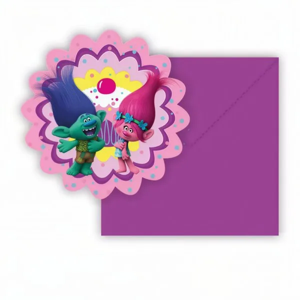 Jumping Poppy, Branch, and Tiny Trolls from "Trolls" for birthday parties and kids' celebrations, featuring colorful and fun party accessories and decorations by Party Deluxe.