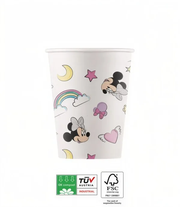 Цветна хартиена чашка с Мики Маус и Disney мотиви за парти, подходяща за украса и напитки на детски рождения ден или събития.