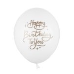 Бели балони със златен надпис Happy Birthday to You надути с хелий