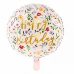 Бял фолиев балон на цветя със златен надпис Happy Birthday надут с хелий