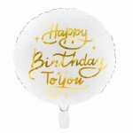 Бял фолиев балон със златен надпис Happy Birthday надут с хелий