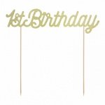 Златен топер за украса на торта и сладки с брокат 1ST BIRTHDAY