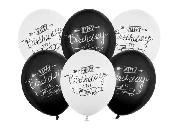 Черно-бели балони за рожден ден с надпис "Happy Birthday to You" за тържества и празненства.