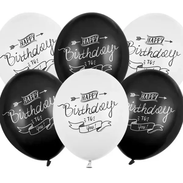 Черно-бели балони за рожден ден с надпис "Happy Birthday to You" за тържества и празненства.